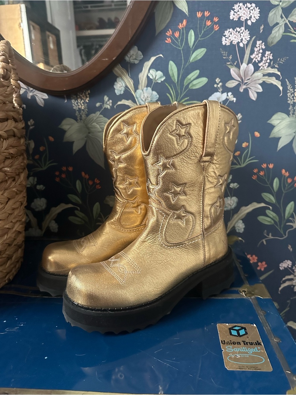 John Fluevog Metallic Gold Star Embroidered Combat Boots